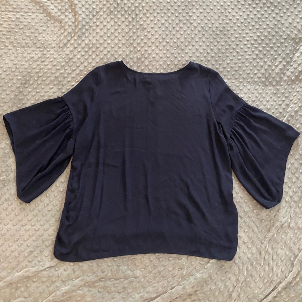 Navy blue Loft outlet blouse with bell sleeve and keyhole back